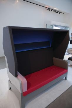 A loveseat that is a part of the M-Collection furniture series developed by Niels van Eijk and Miriam van der Lubbe of Van Eijk & Van der Lubbe during the redesign of the Muziekgebouw concert hall in Eindhoven, the Netherlands. 
www.ons-adres.nl