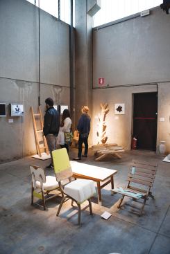 Bezalel Academy of Arts and Design in Jerusalem's industrial design presentation included Tlalit Segal Raayoni’s wood-scrap sculptures, Noam Tabenkin’s Frankenstein-ed Furniture Hospital and Itay Laniado’s collapsible oak ladder trussed with a ratchet strap. 
bezalel.ac.il/en