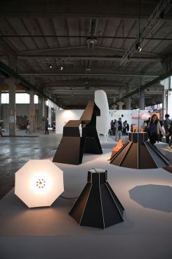 Student work on show in the Netherlands' Academy of Fine Art Maastricht booth included a steel and leather horse silhouette by Fabian Von Spreckelsen that rocks as if trotting and black seamed lights. 
fabianvonspreckelsen.com