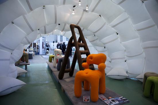 Dutch designer Lambert Kamps continued to develop his felted Fat Furniture series, addressing the West’s increasing obesity, with cartoonish seating and even a big-boned stepladder. 
lambertkamps.com