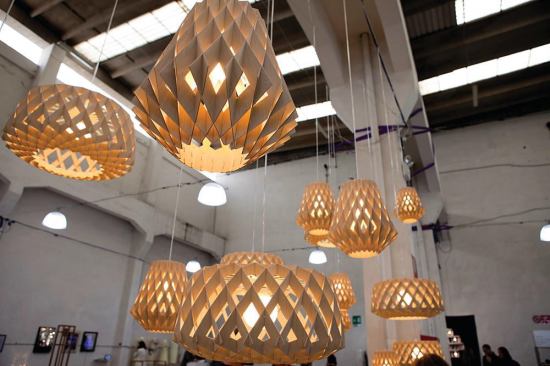 Helsinki-based Tuuka Halonen, a graduate of the Royal College of Art in London, exhibited slotted wooden pendant lamps that were one of the more graphical collections on show in the Designersblock exhibition. 
tuukkahalonen.com