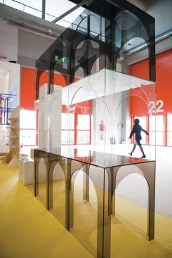 Brikolör, a four-man Swedish studio emphasizing self-produced, supremely well-crafted legacy furniture, built Bägar, a modular, tricolor glass shelving system, in cheerful shades of pink or tony, transparent grays. 
www.brikolor.com
