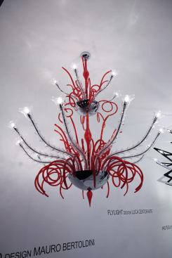 The dimmable Campiello chandelier by Mauro Bertoldini for the Bertoldini Group has six pendant lights that seem to grow upward like a crystal-and-chrome plant. 
bertoldinigroup.com