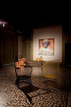 In the Baroque 17th-century Palazzo Durini, Nilufar Gallery furnished the heavily frescoed interior with work by Patricia Urquiola: spindle back chairs, boxy desks and wall "drawings" made by running one's hands over a sequined fabric by Jakob Schlaepfer. 
patriciaurquiola.com, 
www.nilufar.com