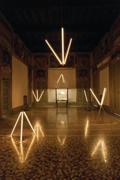 In a handbag showroom located in a Baroque 17th-century Milanese palazzo, Nilufar Gallery juxtaposed the ornate interior with branching floor and ceiling lights by London-based Michael Anastassiades. 
michaelanastassiades.com, 
www.nilufar.com