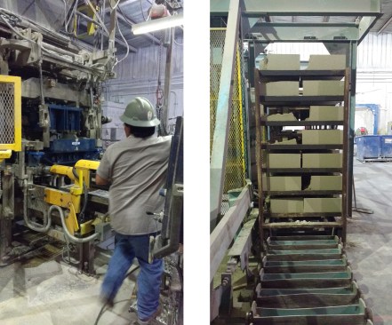 Left: Running test batches with the various mold iterations, refining machining settings, and fill and vibration timing. Right: Adapting MineralBlock's design for commercial manufacturing in conventional block plants took 18 months—and several test runs during the 4 a.m. shift