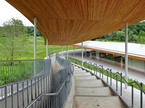 Stairs lead from the Sanctuary to the Library at the River Building.