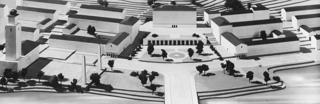 Undated model of a reconstructed center of Narvik, Norway, with obelisks in front of the marching square by the Parteihaus, or Party building (bottom left). This model was published in the June 1942 issue of Baukunst, which was dedicated to Norwegian reconstruction.
