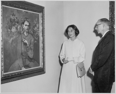 Audrey Hepburn and Alfred H. Barr, Jr. at the exhibition "Picasso: 75th Anniversary."