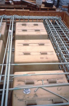 Epoxy-covered rebar was used throughout the aquarium (shown here with glass-reinforced-plastic formwork used to construct the aquarium's 1996 expansion).