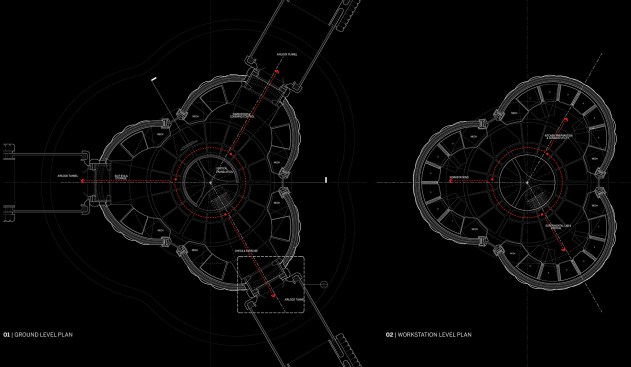 Left: Ground-floor plan; Right: Workstation level–floor plan