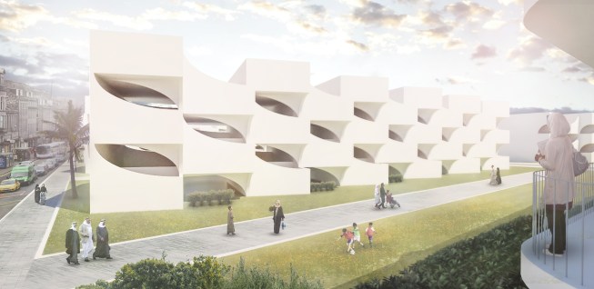 The Housing for Regrowth affordable housing prototype is designed for refugees returning to Mosul, Iraq. The structure incorporates vernacular and modular elements to create repeating leaf-like apertures, some of which lead to private courtyards.