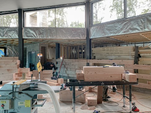 Fabricating the Douglas fir timber wall on-site