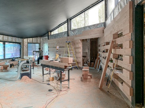 Fabricating the Douglas fir timber wall on-site