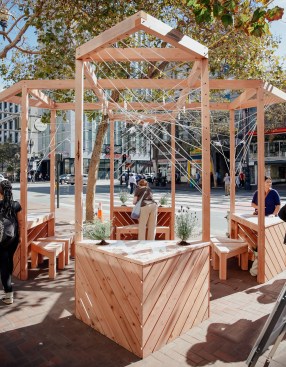 This swallowtail butterfly–inspired community pavilion, made of local redwood with cotton string detailing, was part of the 2016 San Francisco Market Street Prototyping Festival.