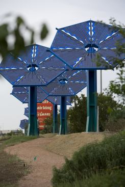Mueller’s public art project, a collection of 15 metal sculptures shaped like flowers, features solar-panel “petals” that collect energy during the day and light up at night.