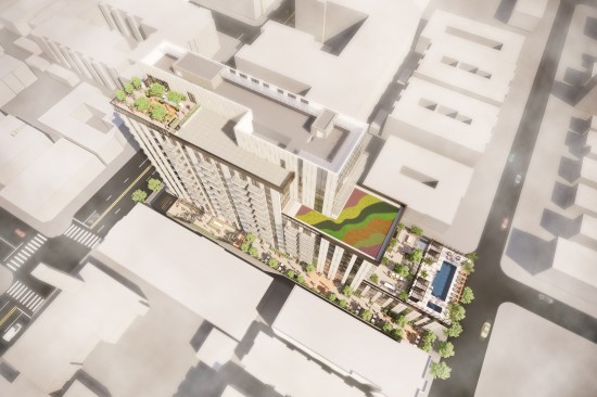 Aerial, residential tower by HKS at 5600 Hollywood Blvd., Los Angeles