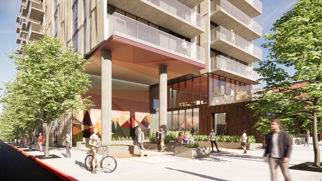 Entrance plaza, residential tower design by HKS for 5600 Hollywood Blvd., Los Angeles
