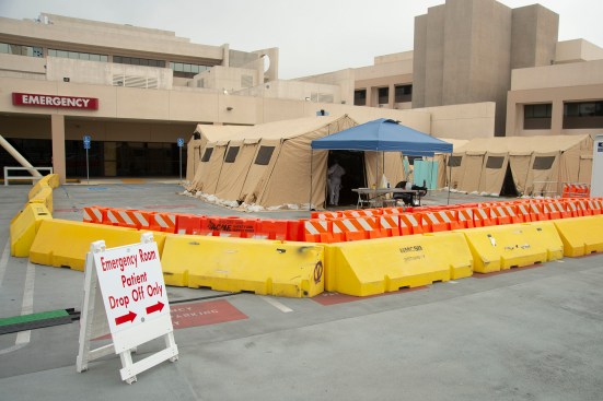 A makeshift COVID-19 screening area at Naval Medical Center in San Diego