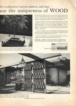 Two pieces, designed by Skidmore, Owings & Merrill and Wuesthoffe & Klokke, featured in the July 1965 issue of "Progressive Architecture/Pencil Points," to illustrate how wood can provide warmth for an environment.