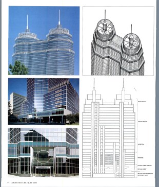Details and photographs depicting St. Luke's Medical Tower in Houston, Texas, designed by Pelli Clarke Pelli Architects (then Cesar Pelli & Associates), in the 1991 edition of "Architecture Magazine."