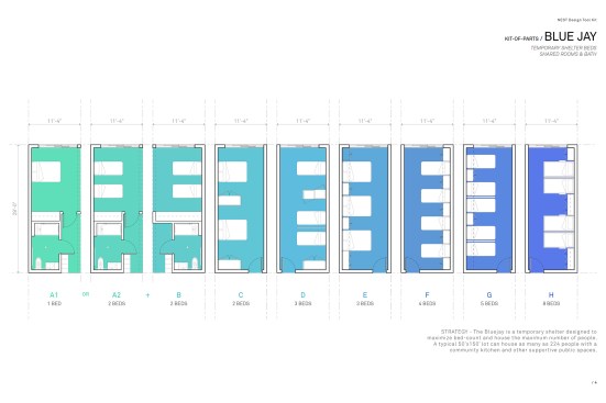 Nest’s scalable and adaptable kit of parts can be combined to create three housing types, including Blue Jay for high-density shelters for temporary accommodation.