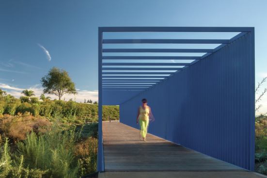 A pedestrian bridge crosses a protected area that originated as an uncovered storm system and developed into wetlands over time. 