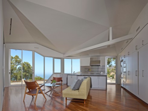 The pentagonal footprint of the Vortex House in Malibu, Calif., corresponds to different view corridors and other site conditions.