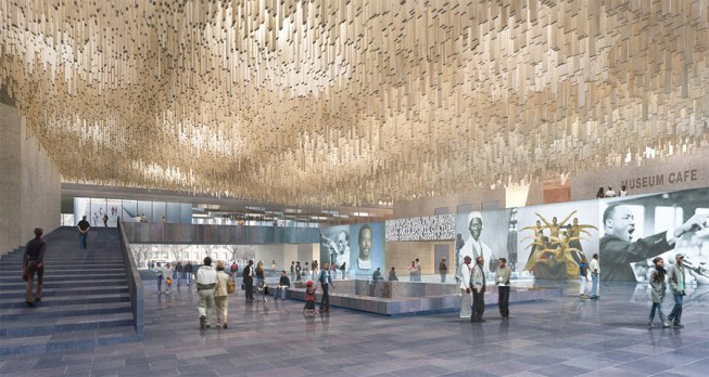 A “shower of timber” that Adjaye designed for the atrium but that was value-engineered