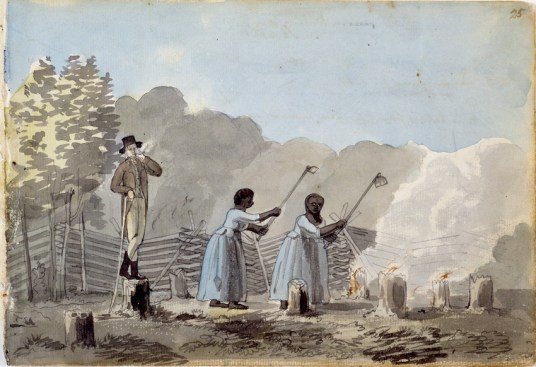 A 1798 watercolor painted by Benjamin Henry Latrobe in which an overseer keeps watch over two enslaved women near Fredericksburg, Va.