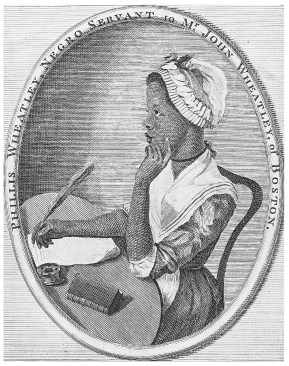 Phillis Wheatley as depicted on the frontispiece to "Poems on Various Subjects, Religious and Moral"