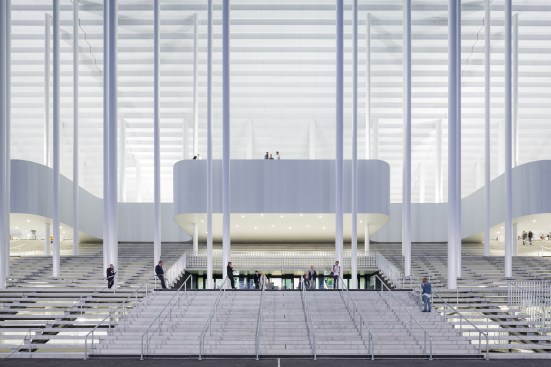 The stadium has nearly 4 miles of stairs. On the east and west sides of the structure, monumental exterior stairs lead to VIP areas and administration in the stadium’s base, as well as to the main concourse.