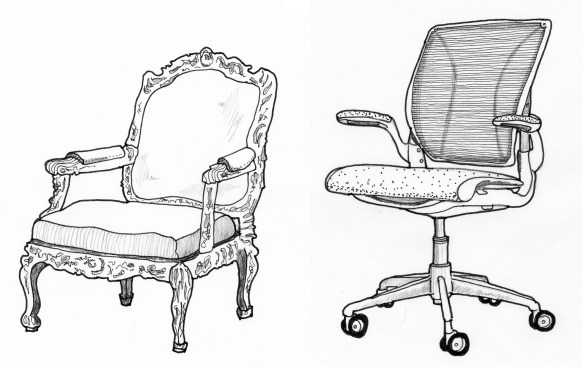 Nicolas-Quinibert Foliot's Fauteuil Ă la reine chair and Niels Diffrient's World Chair