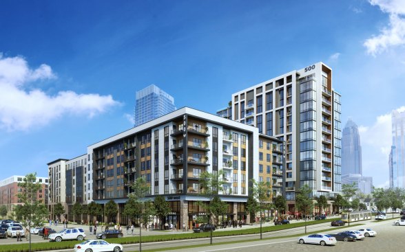 Construction is expected to begin this year on 500 West Trade, a 354-unit Charlotte, N.C., apartment community that wraps a six-story mid-rise podium wood frame structure around a 14-story tower. Hybrid design allows a more diverse rent structure, the mid-rise portion offering more affordability and unit density. Image courtesy Dwell Design Studio.