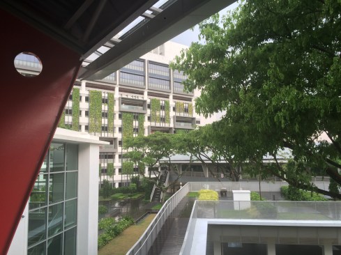 A few from a covered walkway of the Zero Energy Building over the campus of the Building and Construction Authority, in Singapore.
