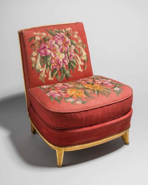 Jean -Maurice Rothschild, Side chair from the Grand Salon on board the S.S. Normandie, 1934. Gilt wood, patinated metal, and wool tapestry upholstery. Peabody Essex Museum, Museum purchase, 2015.10.1.