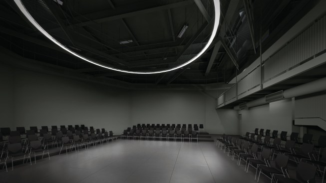 The flexible theater space seats 200 visitors.