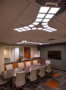 DKB office showing the 24- and 56-panel Acuity Brands Winona Trilia configurations installed in the foreground and brackground, respectively.