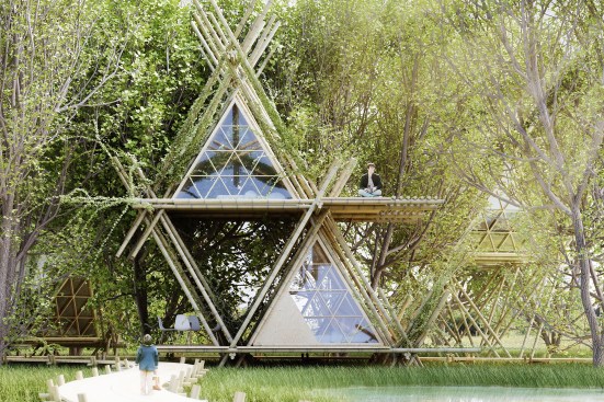 One with the Birds, an easily assembled modular system made from bamboo, can be used to build hotels or housing, or temporary structures such as event architecture or emergency shelters.
