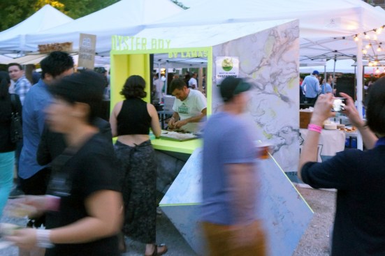 Stacked cube, sphere, and prism forms assemble to create an atypical food cart for Toronto restaurant Oyster Boy for the 2015 Stop’s Night Market. Embellished using water transfer printing called hydrographics, the cart won “best in show.”