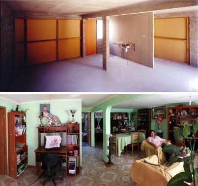 Top: The original, unfinished interior built by Elemental. Bottom: Residents furnish and expand the original unit.