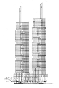 A drawing of the Bond Centre's (now the Lippo Centre) elevation in Hong Kong, by Paul Rudolph.