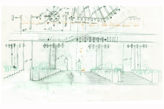 A drawing of the entrance of the Bond Centre (now the Lippo Centre) in Hong Kong, by Paul Rudolph.