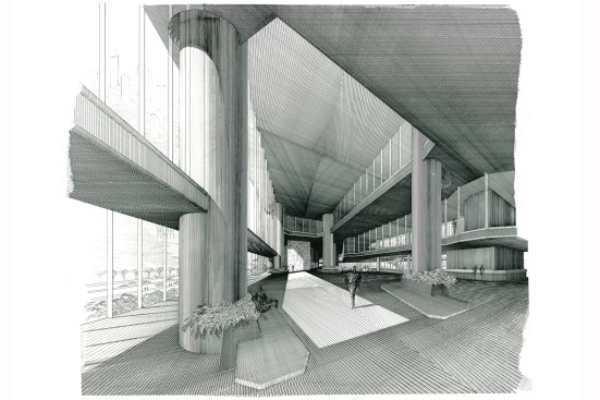 A drawing of the interior of the Bond Centre (now the Lippo Centre) in Hong Kong, by Paul Rudolph.