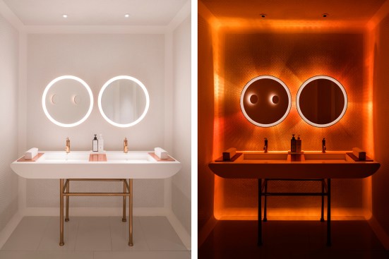 Restroom in quiet mode (left) and flamboyant mode (right), the Peacock Room restaurant