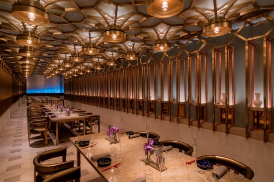 Private dining room with pendants merged with ceiling detailing, the Peacock Room restaurant