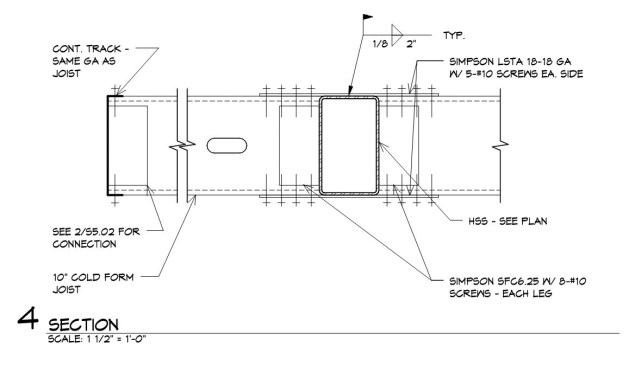 Section detail of metal straps at beam-and-joist intersections