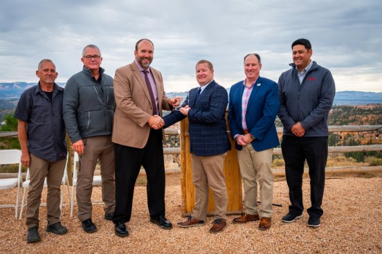 In September  2023, PERC honored Ruby’s Inn management with the Energy for Everyone Hero Award for its ongoing commitment to lowering the facility’s carbon footprint. From left: Brannon Morse of Kiva Energy; Karl Munford, Ruby’s Inn chief engineer; Ron Harris, Ruby’s Inn health and safety manager; Lance Syrett, Ruby’s Inn general manager ; Jim Bunsey, PERC’s director of commercial business development; Jeff Stewart, owner Blue Star Gas; Michael Prayoonvech, systems design engineering manager at Rinnai.