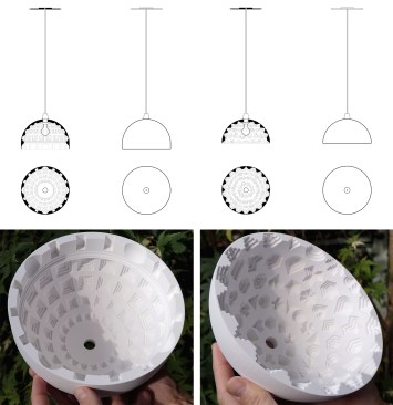 Inspired by Chinese rice grain porcelain, Lee and Macgillivray pressed coffered shapes into the interior of a ceramic lampshade prototype called Pantheon (left). This treatment creates varying levels of translucency in the material.