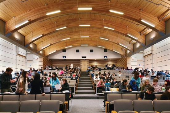 Nail-laminated timber barrel vault ceiling, the Centre for Interactive Research on Sustainability, Vancouver, British Columbia, designed by Perkins+Will